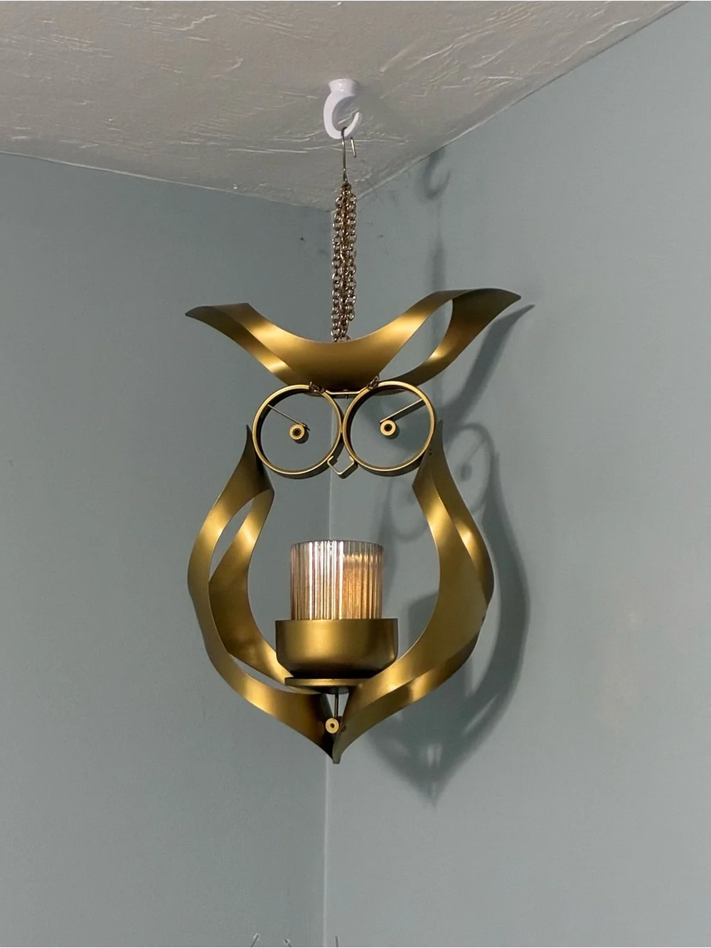 Rare vintage MCM gold Owl Hanging Lantern - Decorative Metal Accent